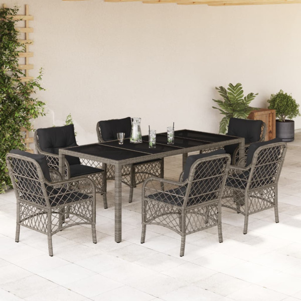 Set comedor jardín 7 pzas y cojines ratán sintético gris D