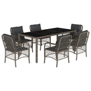 7 pcs conjunto de jantar p/ jardim c/ almofadões vime PE cinza H