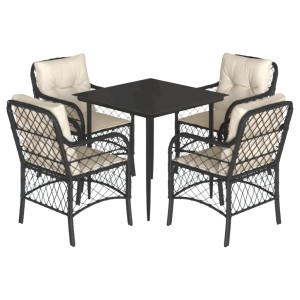 5 pcs conjunto de jantar p/ jardim c/ almofadões vime PE preto H