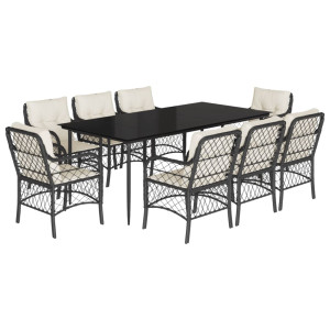 9 pcs conjunto de jantar p/ jardim c/ almofadões vime PE preto H