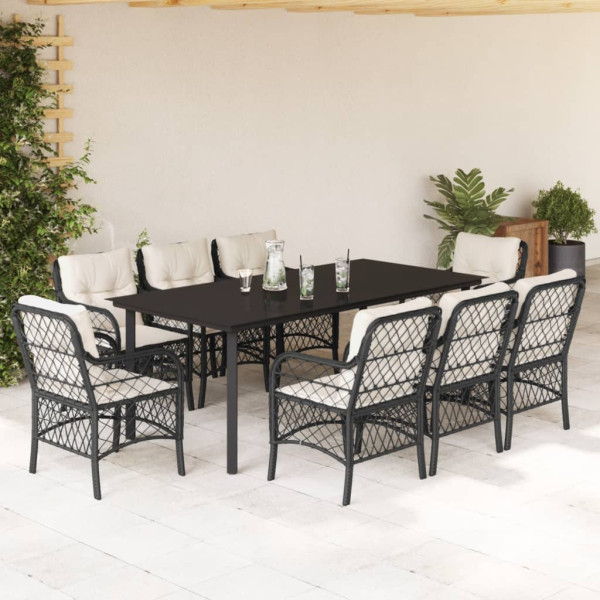 9 pcs conjunto de jantar p/ jardim c/ almofadões vime PE preto D