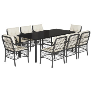 9 pcs conjunto de jantar p/ jardim c/ almofadões vime PE preto H