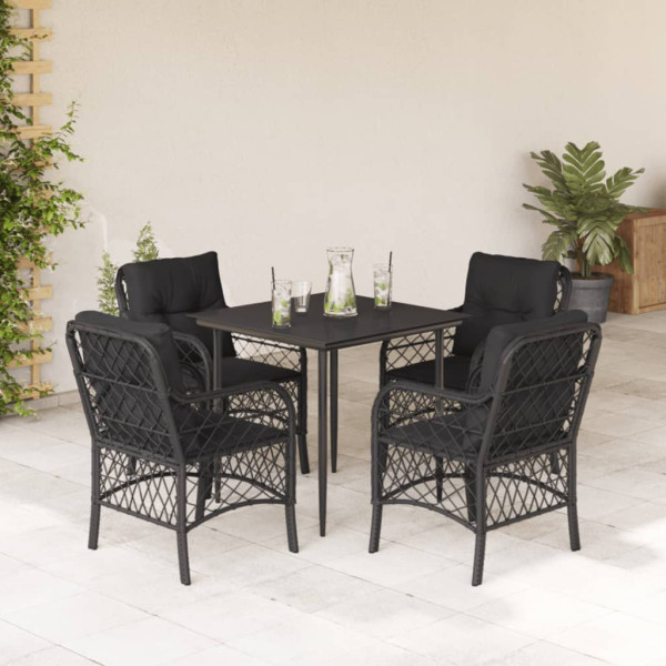 5 pcs conjunto de jantar p/ jardim c/ almofadões vime PE preto D