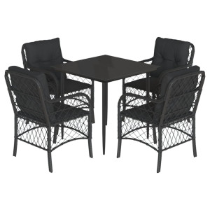 5 pcs conjunto de jantar p/ jardim c/ almofadões vime PE preto H