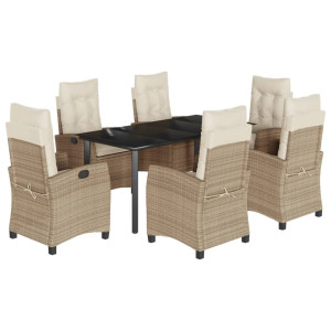 7 pcs conjunto de jantar p/ jardim com almofadões vime PE bege H