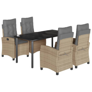 5pcs conj. jantar jardim c/ almofadões vime PE bege misturado H