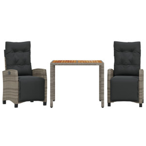 3 pcs conjunto de jantar p/ jardim c/ almofadões vime PE cinza H
