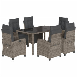7 pcs conjunto de jantar p/ jardim c/ almofadões vime PE cinza H
