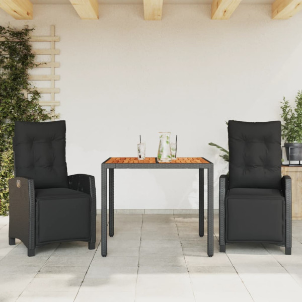 Set comedor de jardín 3 pzas con cojines ratán sintético negro D