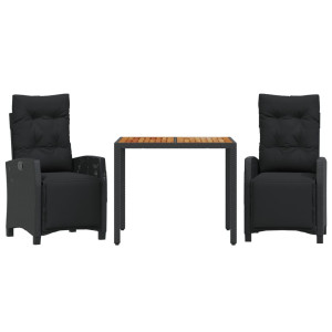 3 pcs conjunto de jantar p/ jardim c/ almofadões vime PE preto H