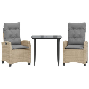 3 pcs conj. jantar jardim c/ almofadões vime PE bege misturado H