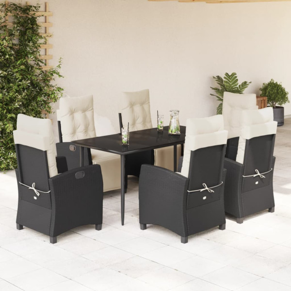 7 pcs conjunto de jantar p/ jardim c/ almofadões vime PE preto D