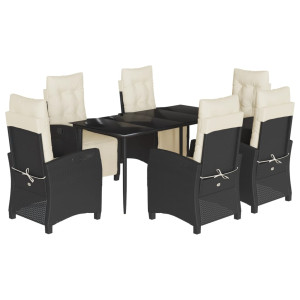 7 pcs conjunto de jantar p/ jardim c/ almofadões vime PE preto H