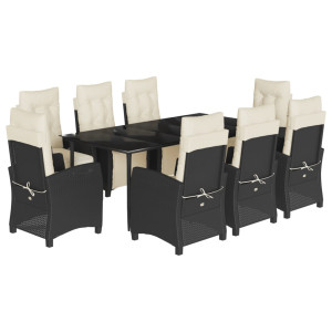 9 pcs conjunto de jantar p/ jardim c/ almofadões vime PE preto H