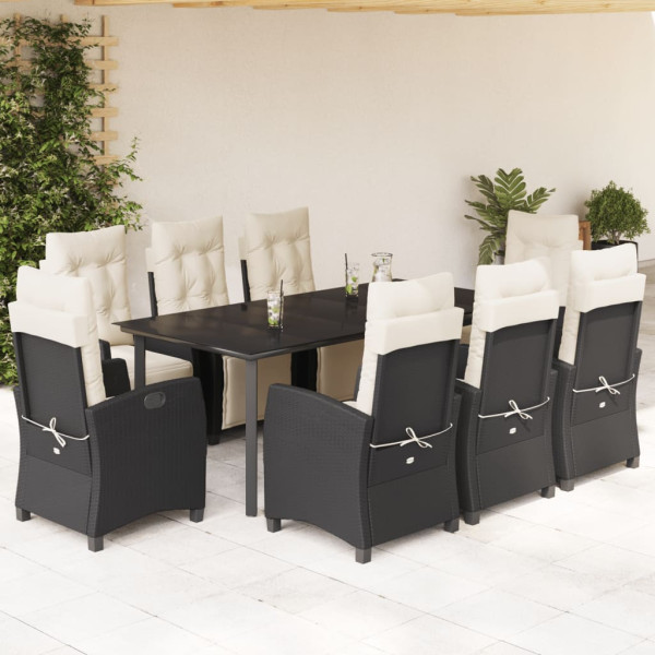 Set de comedor de jardín 9 pzas y cojines ratán sintético negro D