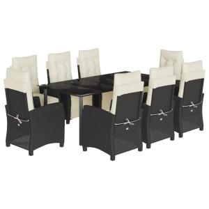 9 pcs conjunto de jantar p/ jardim c/ almofadões vime PE preto H