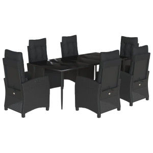 7 pcs conjunto de jantar p/ jardim c/ almofadões vime PE preto H