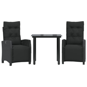 3 pcs conjunto de jantar p/ jardim c/ almofadões vime PE preto H