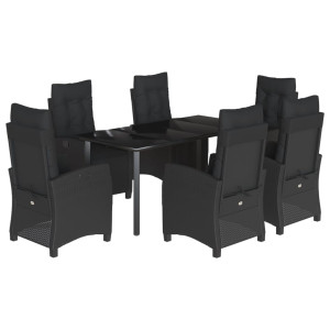 7 pcs conjunto de jantar p/ jardim c/ almofadões vime PE preto H