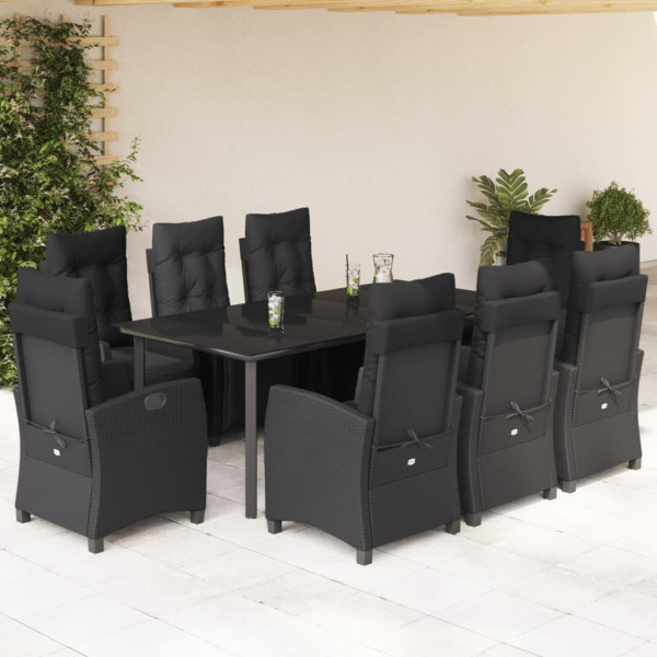 Set de comedor de jardín 9 pzas y cojines ratán sintético negro D