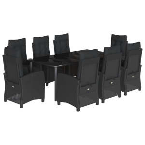 9 pcs conjunto de jantar p/ jardim c/ almofadões vime PE preto H