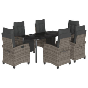 7 pcs conjunto de jantar p/ jardim c/ almofadões vime PE cinza H