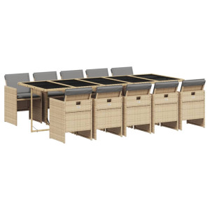 11 pcs conj. jantar jardim c/ almofadões vime PE bege misturado H