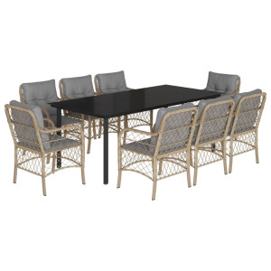 9 pcs conj. jantar jardim c/ almofadões vime PE bege misturado H