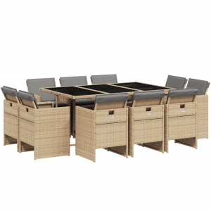 Set comedor de jardín 11 pzas con cojines ratán sintético beige H