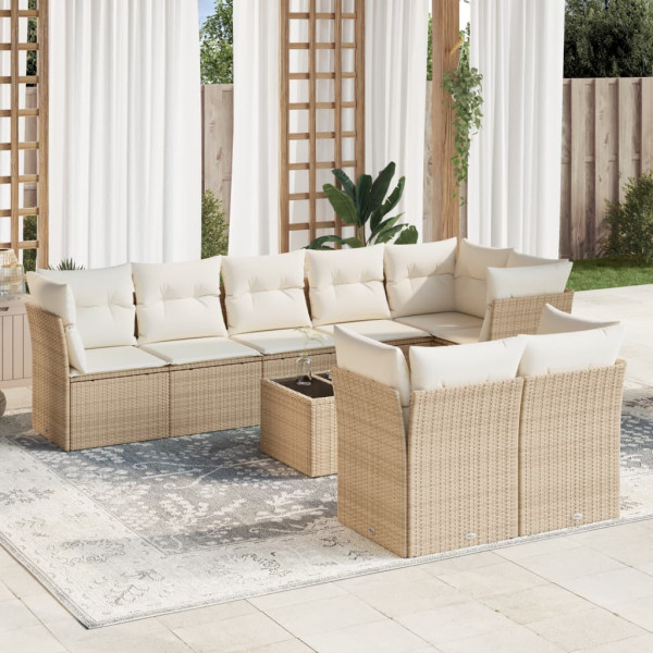 Set de sofás de jardín 9 pzas con cojines ratán sintético beige D
