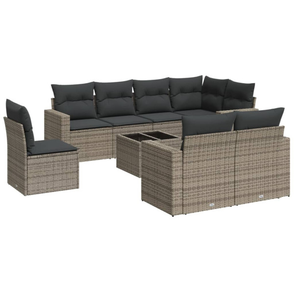 Set de muebles de jardín 9 pzas y cojines ratán sintético gris M 2