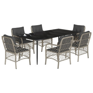 7 pcs conj. jantar p/ jardim c/ almofadões vime PE cinza-claro H