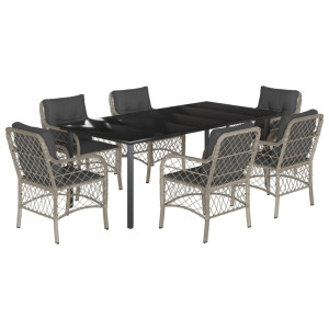 7 pcs conj. jantar p/ jardim c/ almofadões vime PE cinza-claro H