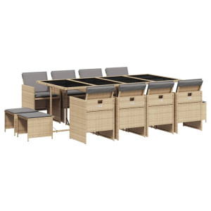 Set comedor de jardín con cojines 13 pzas ratán sintético beige H