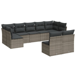 9 pcs conjunto sofás p/ jardim com almofadões vime PE cinzento H