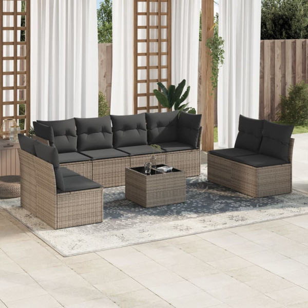 9 pcs conjunto sofás p/ jardim com almofadões vime PE cinzento D