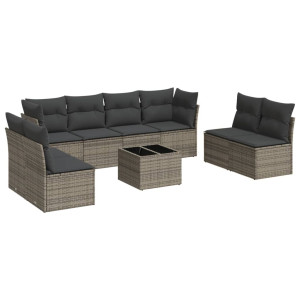 9 pcs conjunto sofás p/ jardim com almofadões vime PE cinzento H