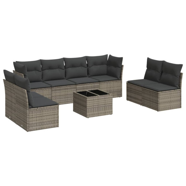 Set de muebles de jardín 9 pzas y cojines ratán sintético gris M 2