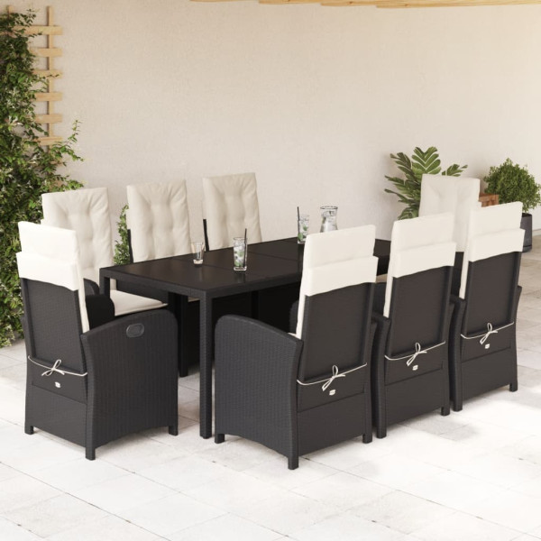 Set de comedor de jardín 9 pzas y cojines ratán sintético negro D