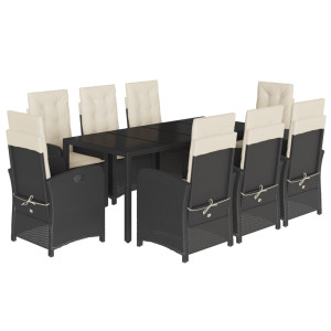 9 pcs conjunto de jantar p/ jardim c/ almofadões vime PE preto H