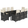 9 pcs conjunto de jantar p/ jardim c/ almofadões vime PE preto 2