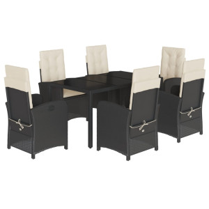 7 pcs conjunto de jantar p/ jardim c/ almofadões vime PE preto H