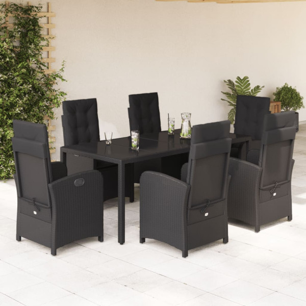 7 pcs conjunto de jantar p/ jardim c/ almofadões vime PE preto D