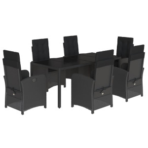 7 pcs conjunto de jantar p/ jardim c/ almofadões vime PE preto H