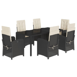 7 pcs conjunto de jantar p/ jardim c/ almofadões vime PE preto H