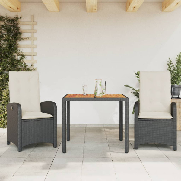 Set comedor de jardín 3 pzas con cojines ratán sintético negro D