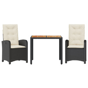 3 pcs conjunto de jantar p/ jardim c/ almofadões vime PE preto H