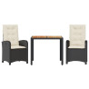 3 pcs conjunto de jantar p/ jardim c/ almofadões vime PE preto 2
