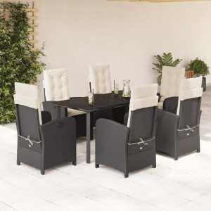 7 pcs conjunto de jantar p/ jardim c/ almofadões vime PE preto H
