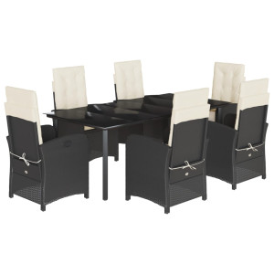 7 pcs conjunto de jantar p/ jardim c/ almofadões vime PE preto H